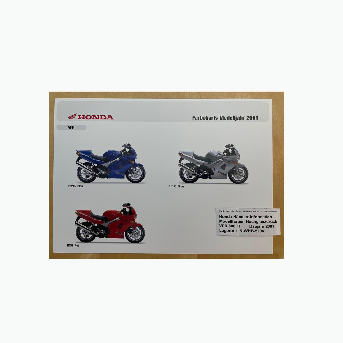 VFR800FI VFR 800 FI Baujahr 2001 - Honda Original Farbchart Prospekt