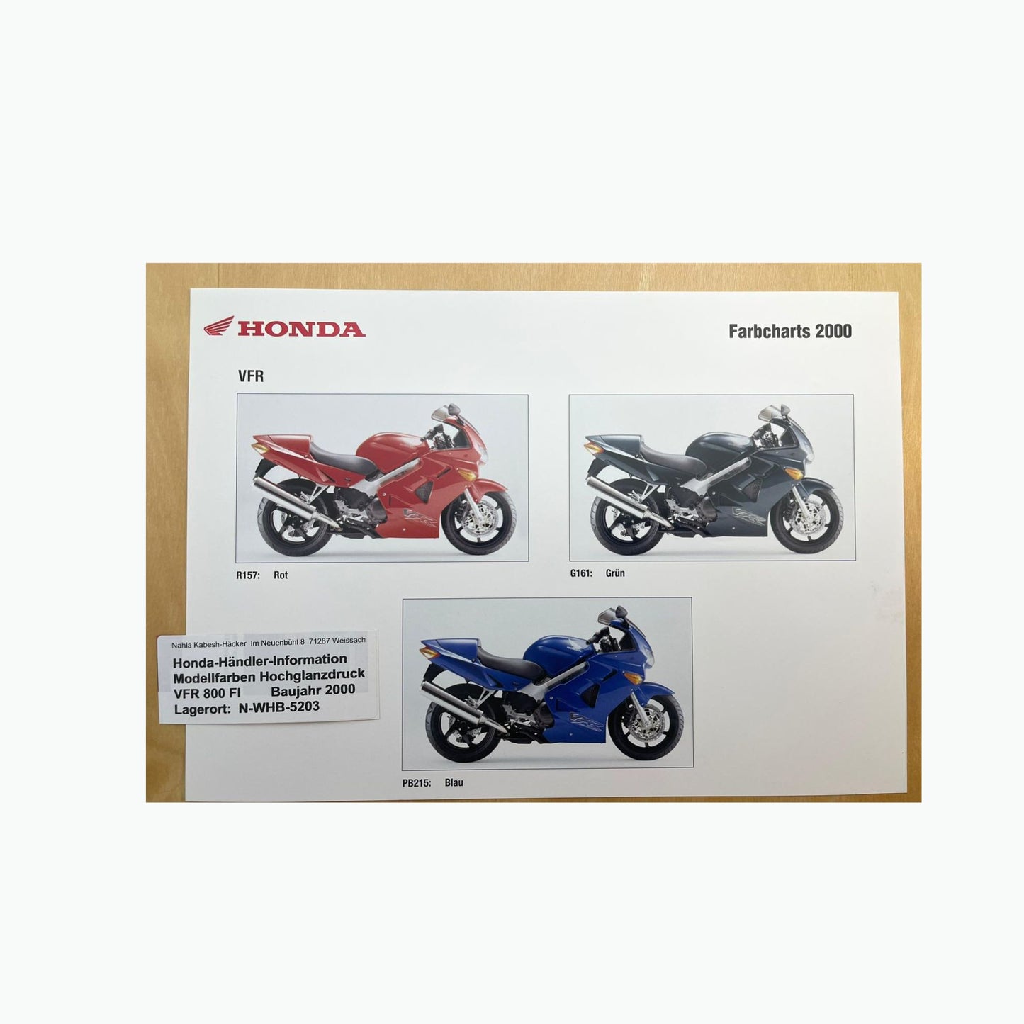 VFR800FI VFR 800 FI Baujahr 2000 - Honda Original Farbchart Prospekt