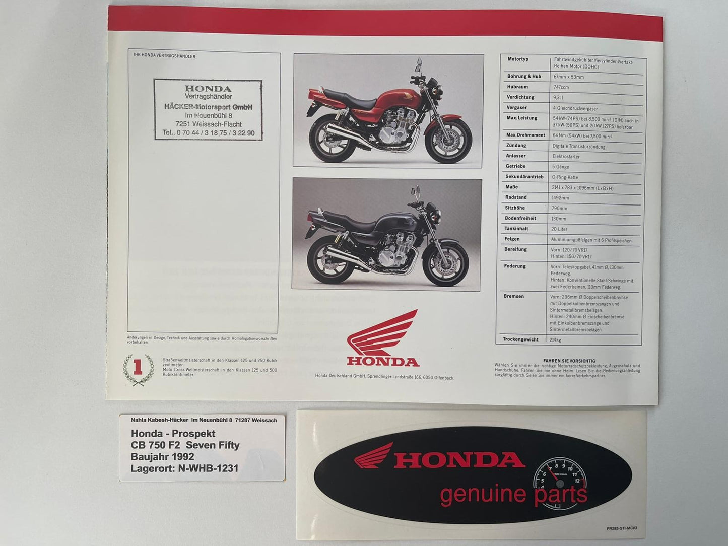 Prospekt Honda CB750F2 Seven Fifty Bj. 1992 + Aufkleber