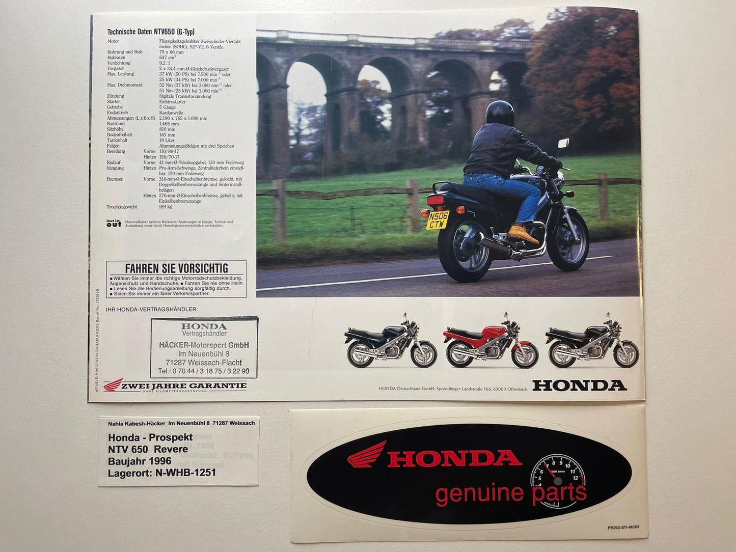 Prospekt Honda NTV650 NTV 650 Revere Baujahr 1996 + Aufkleber