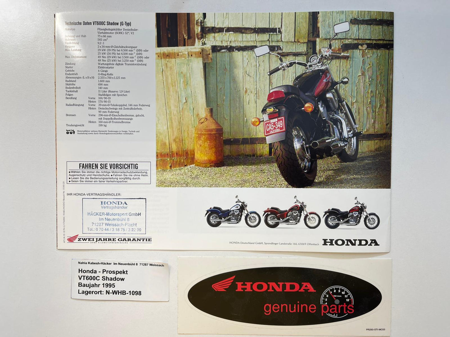 Prospekt Honda VT600C Shadow Bj. 1995 + Aufkleber