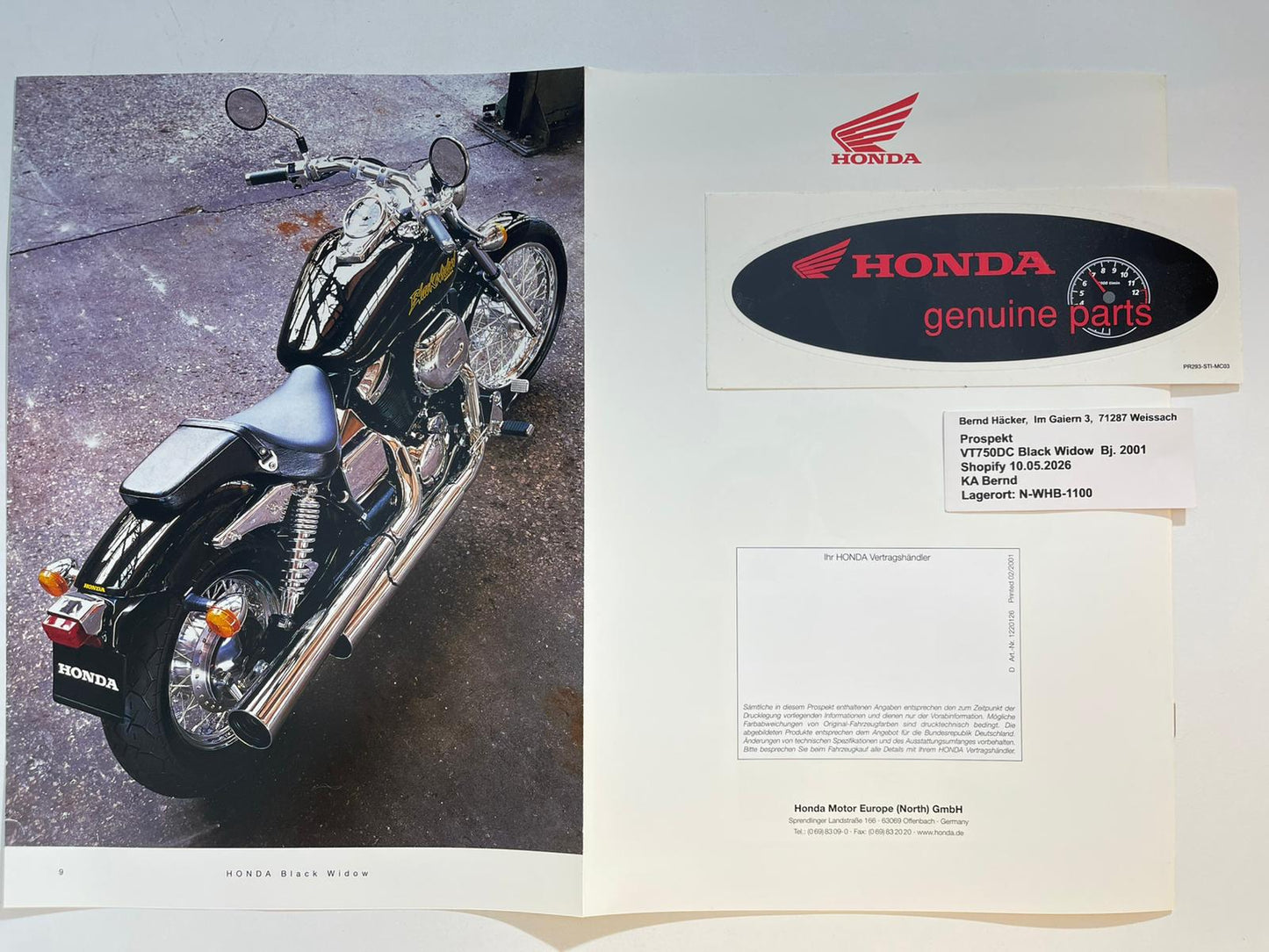 Prospekt Honda VT750DC Black Widow Bj. 2001 + Aufkleber