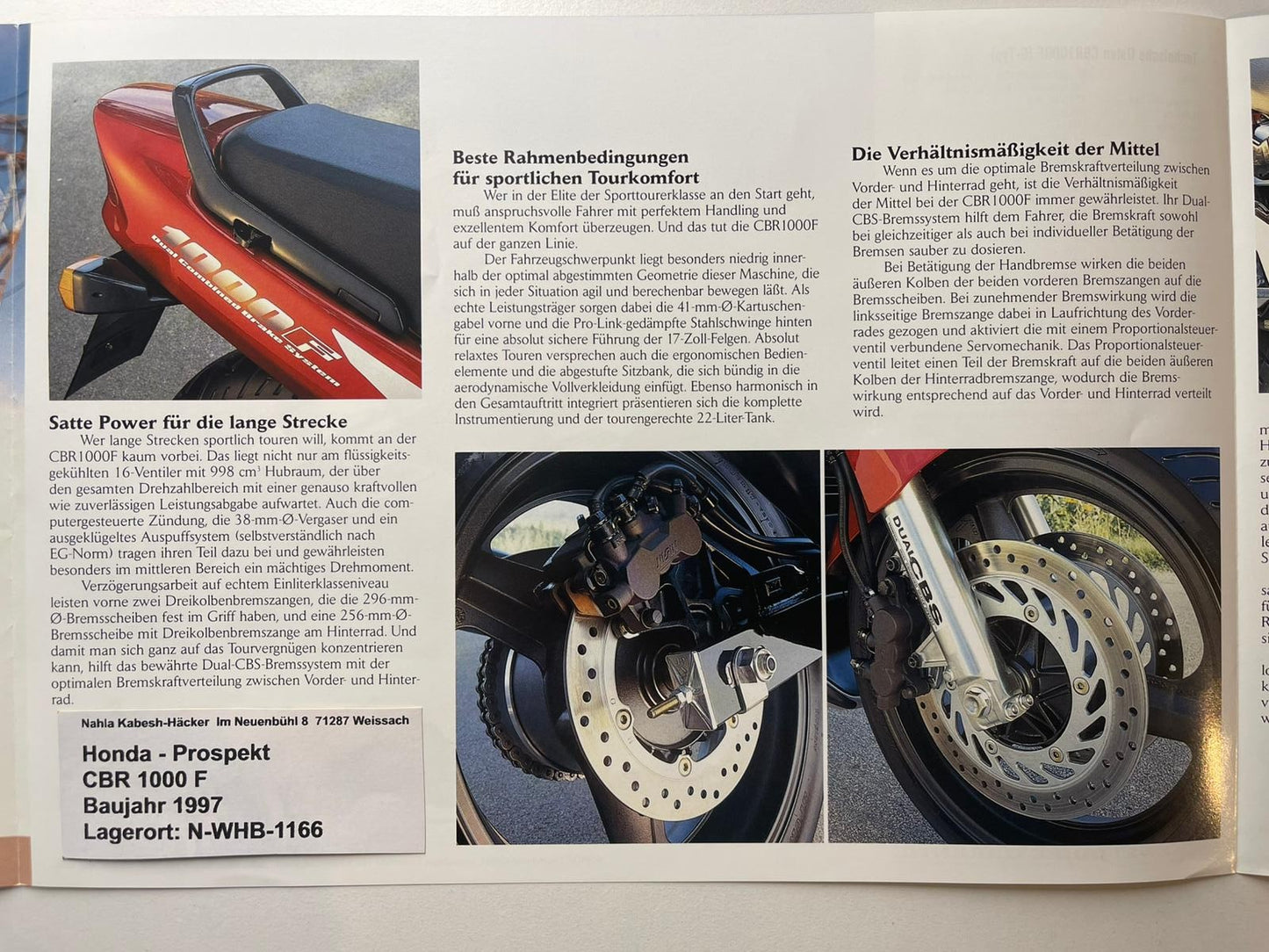 Prospekt Honda CBR1000F CBR 1000 F Bj. 1997 + Aufkleber