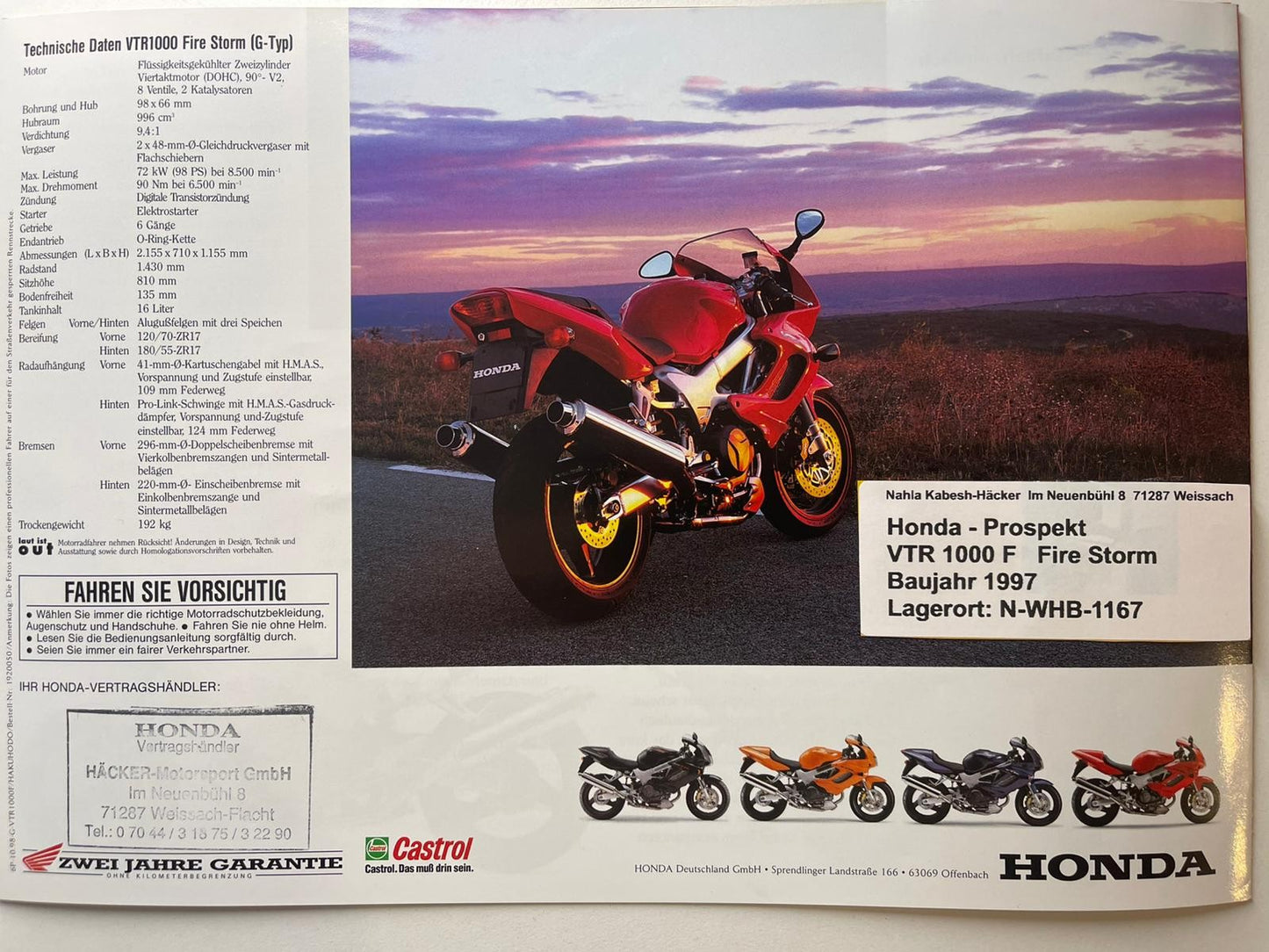 Prospekt Honda VTR1000F Fire Storm Bj. 1999 + Aufkleber
