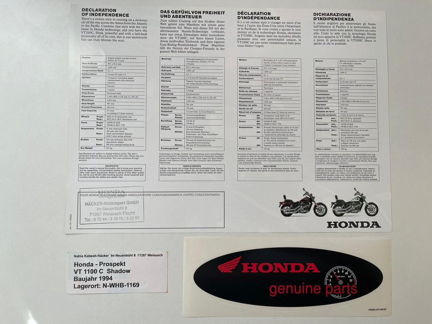 Prospekt Honda VT1100C Shadow Bj. 1994 + Aufkleber