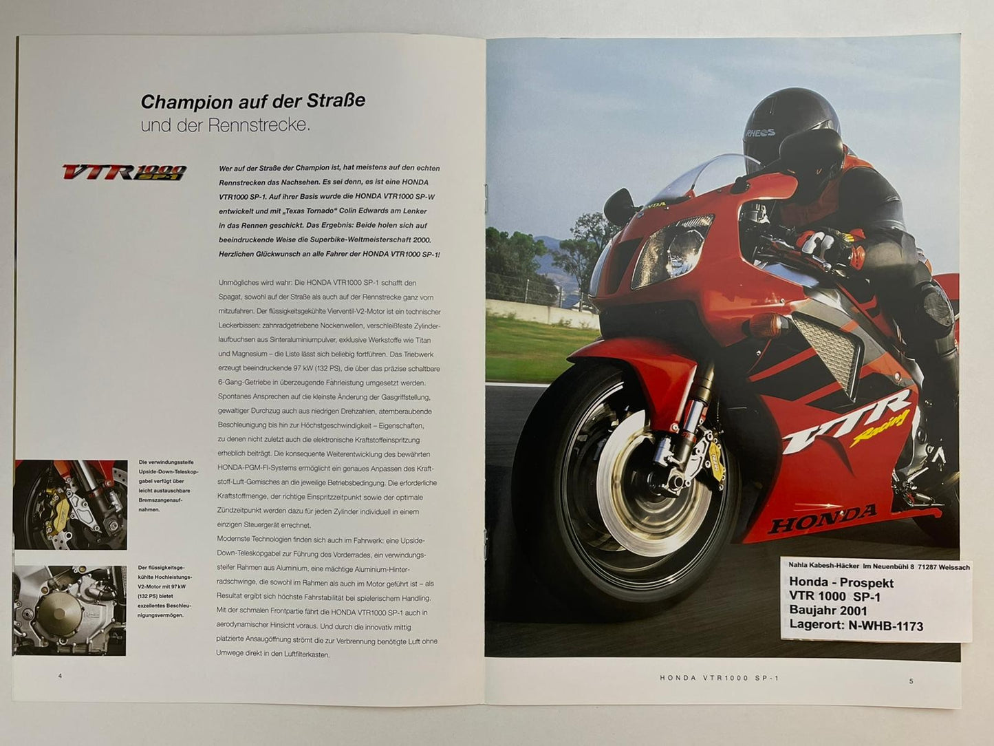 Prospekt Honda VTR1000 SP1 SC45 Bj. 2001 + Aufkleber