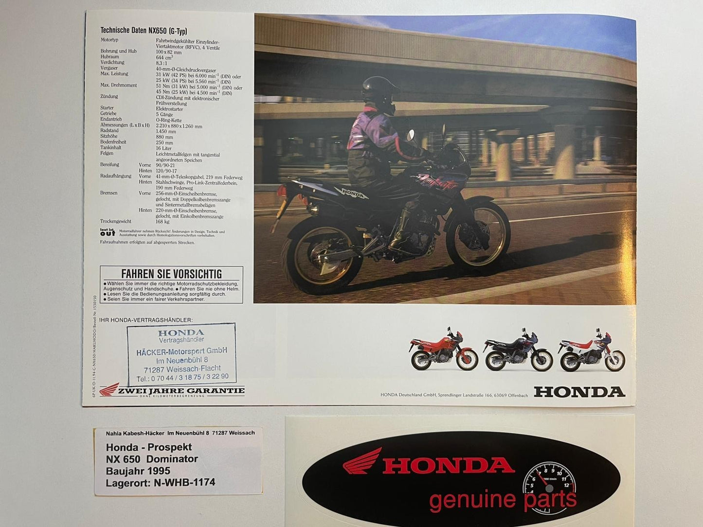 Prospekt Honda NX650 Dominator Bj. 1995 + Aufkleber