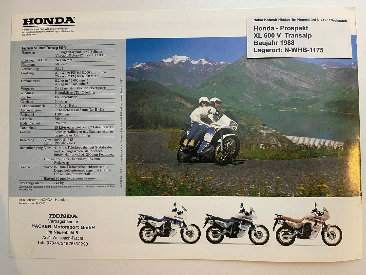 Prospekt Honda XL600V Transalp Bj. 1988 + Aufkleber