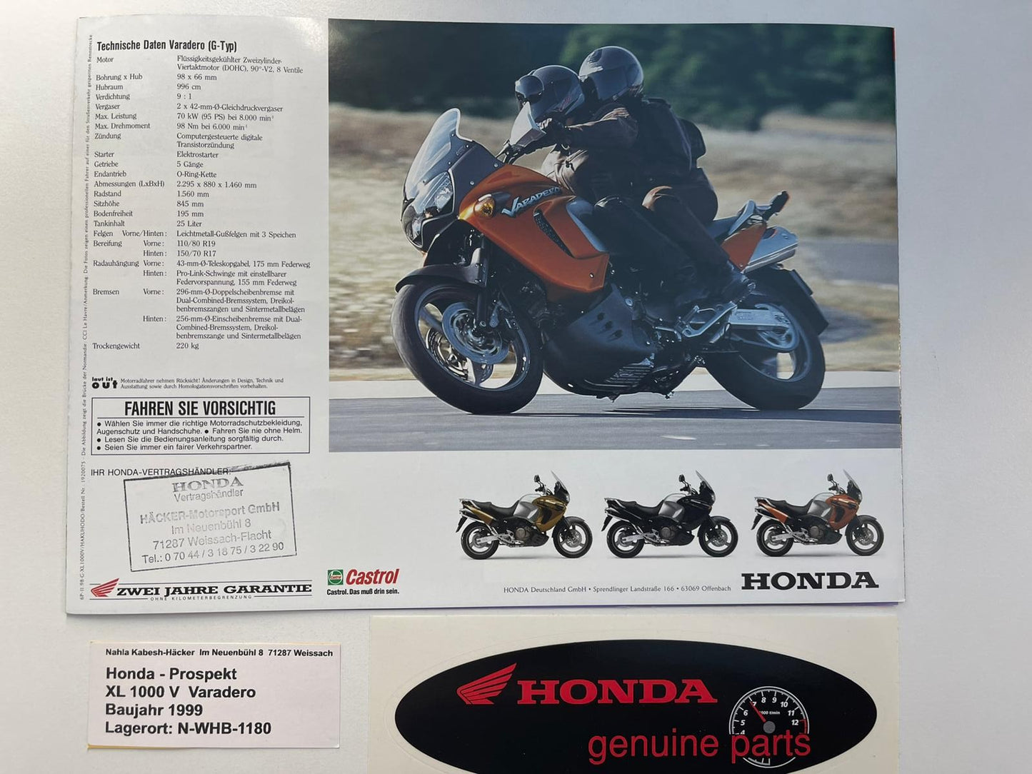 Prospekt Honda XL1000V Varadero Bj. 1999 + Aufkleber
