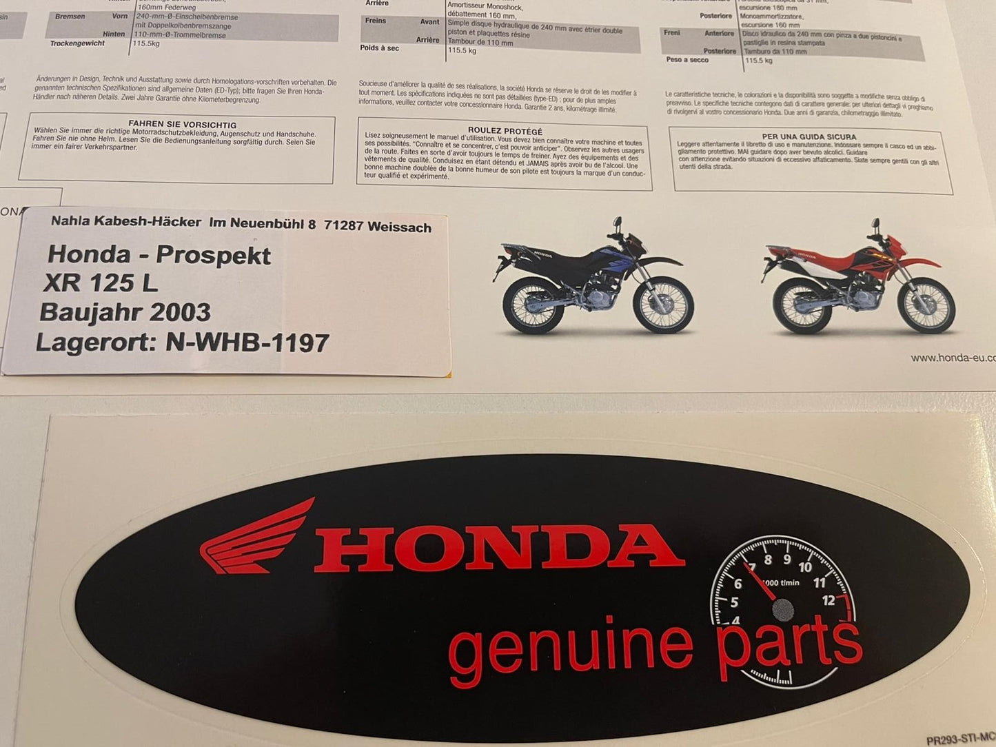 Prospekt Honda XR125L XR 125 L Bj. 2003 + Aufkleber