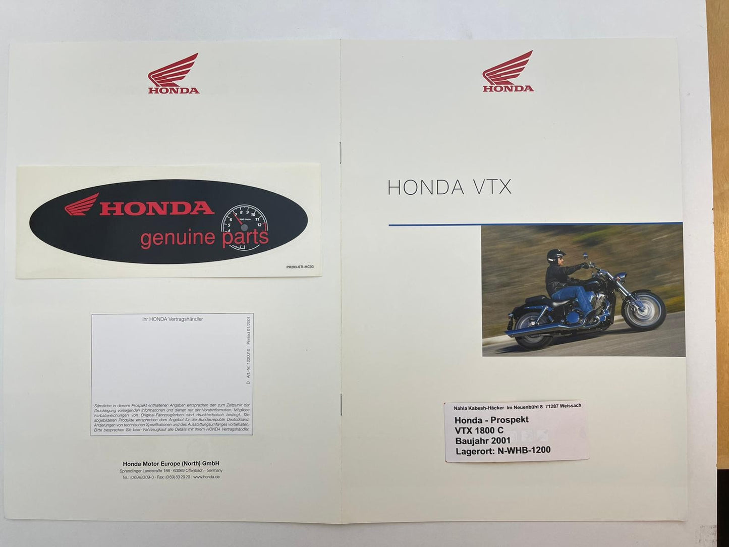Prospekt Honda VTX1800C VTX 1800 C Bj. 2001 + Aufkleber
