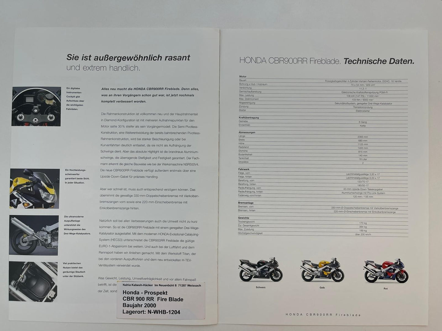 Prospekt Honda CBR900RR Fire Blade Bj. 2000 + Aufkleber
