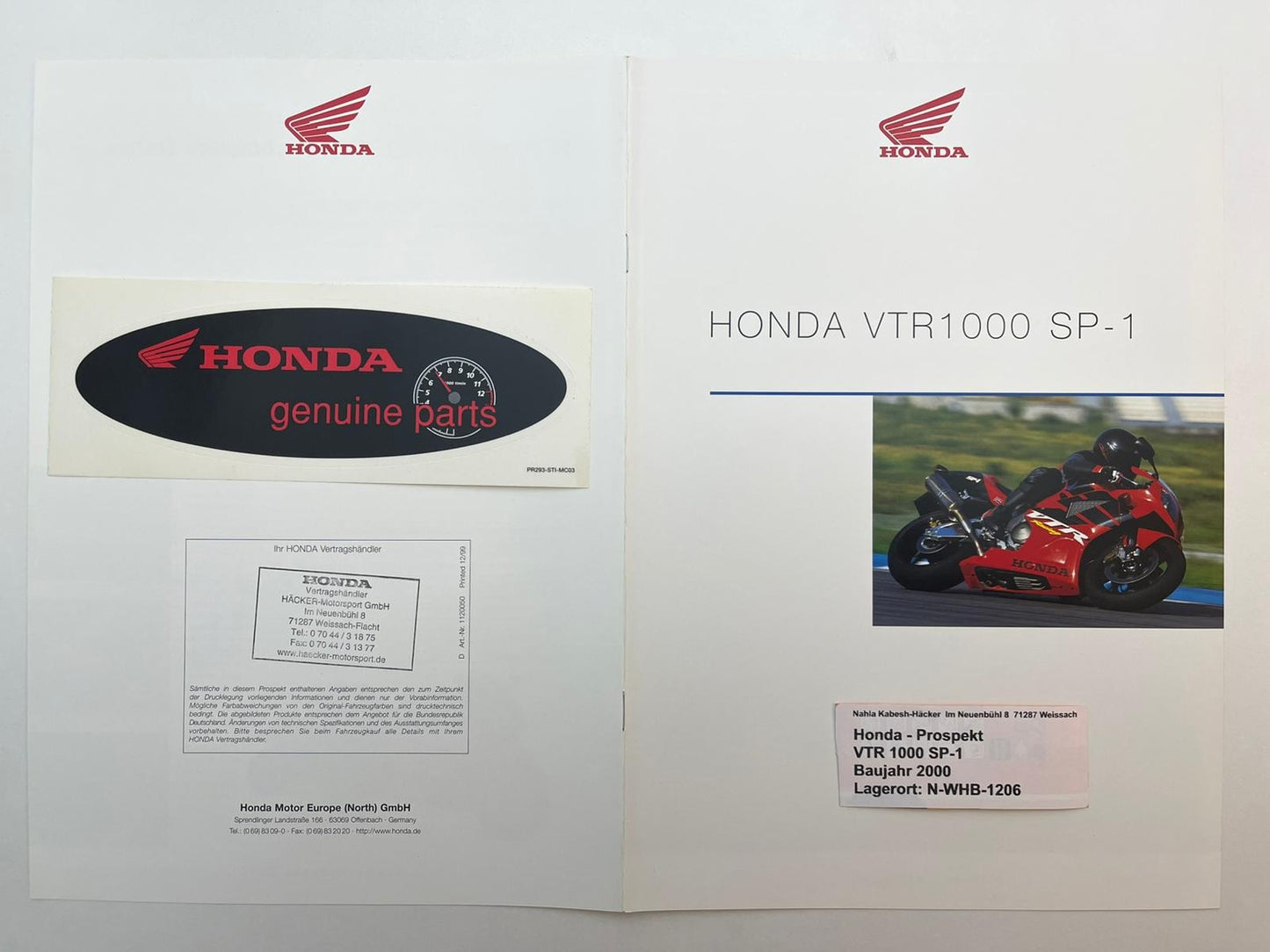 Prospekt Honda VTR1000 SP1 Bj. 2000 + Aufkleber
