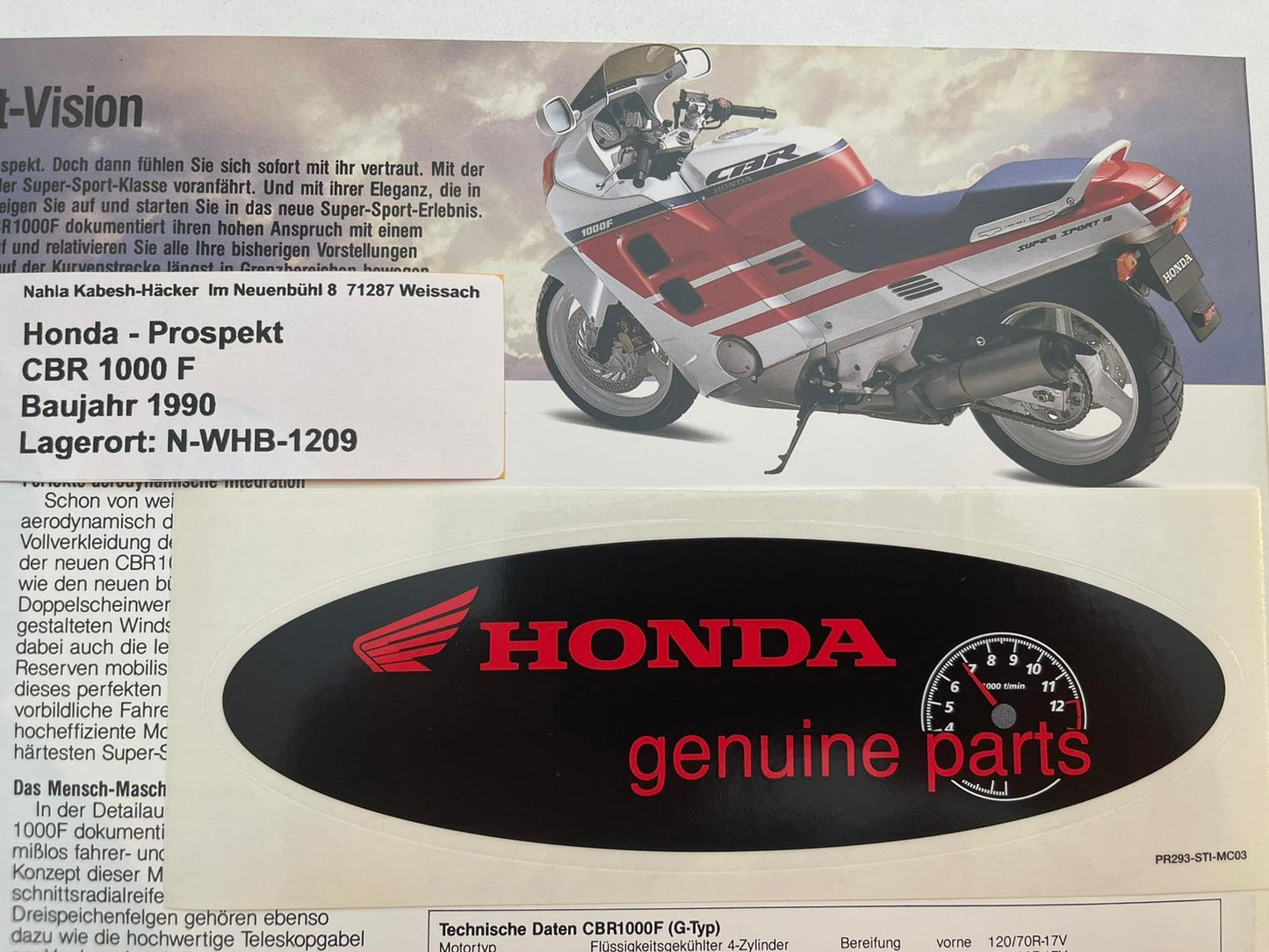 Prospekt Honda CBR1000F Bj. 1990 + Aufkleber