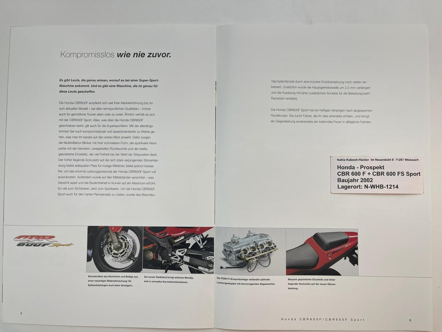 Prospekt Honda CBR600F CBR 600 F Bj. 2000 + Aufkleber