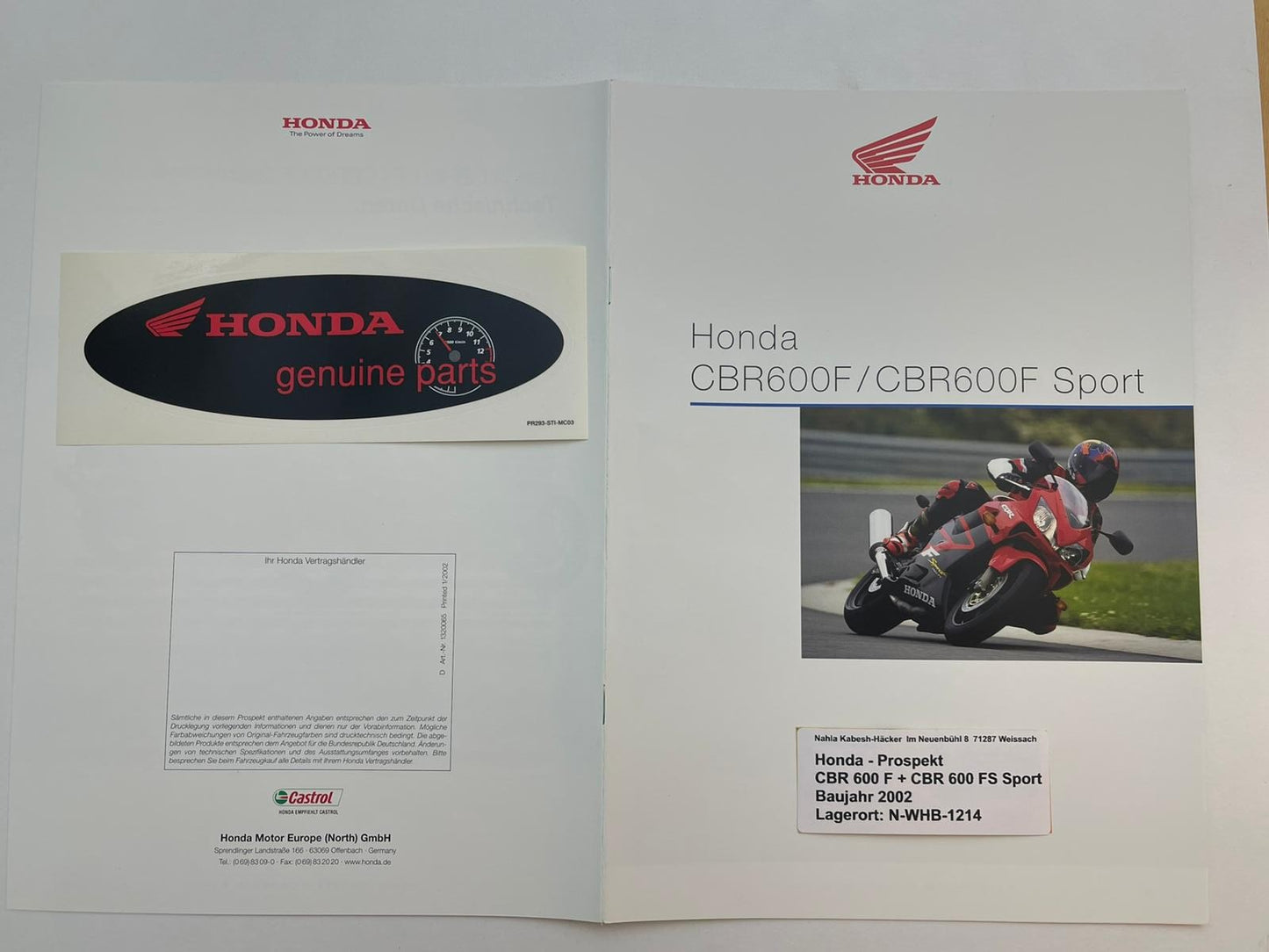 Prospekt Honda CBR600F CBR 600 F Sport Bj. 2002 + Aufkleber