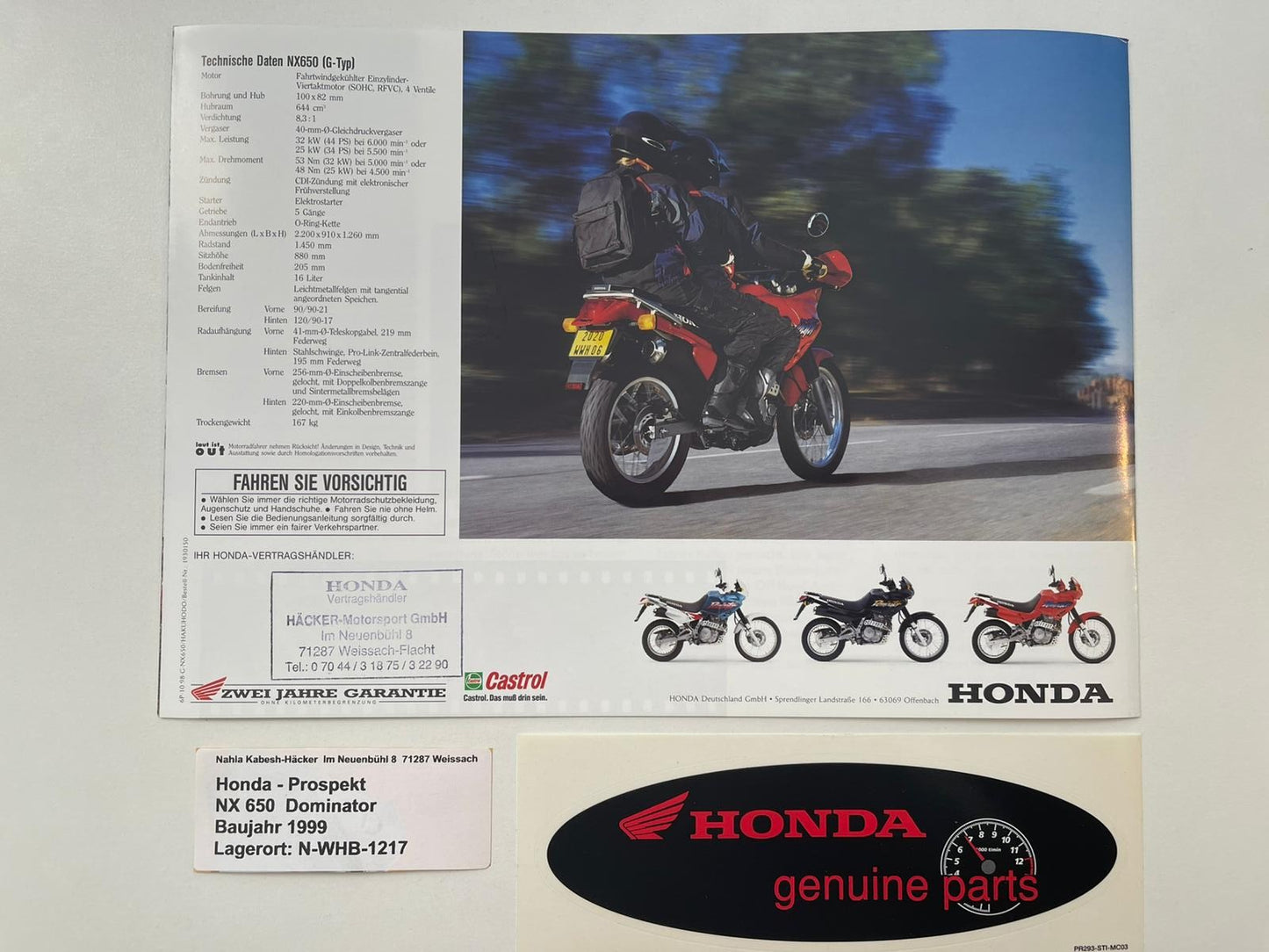 Prospekt Honda NX650 NX 650 Dominator Bj. 1999 + Aufkleber