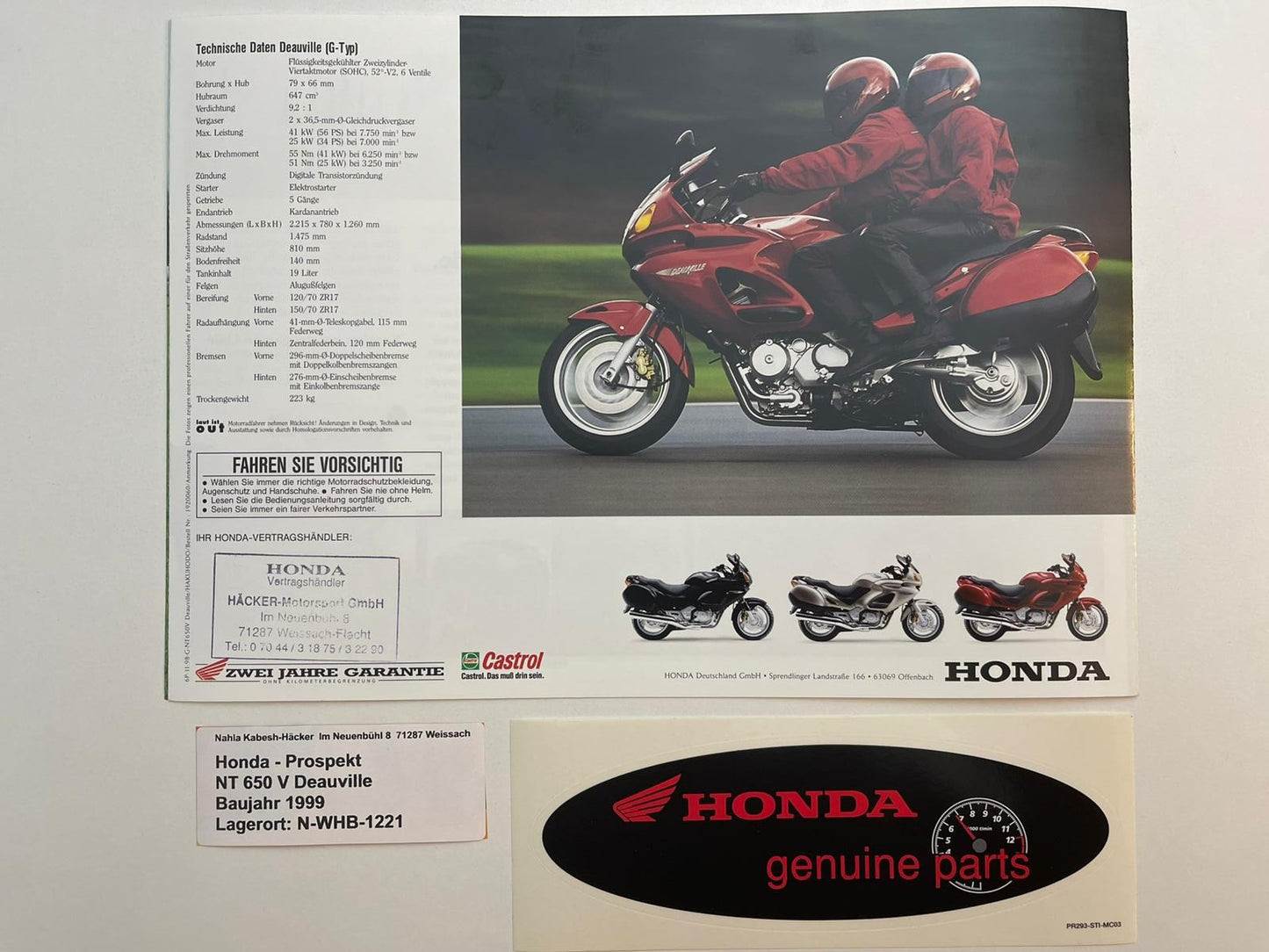 Prospekt Honda NT650V Deauville Bj. 1999 + Aufkleber