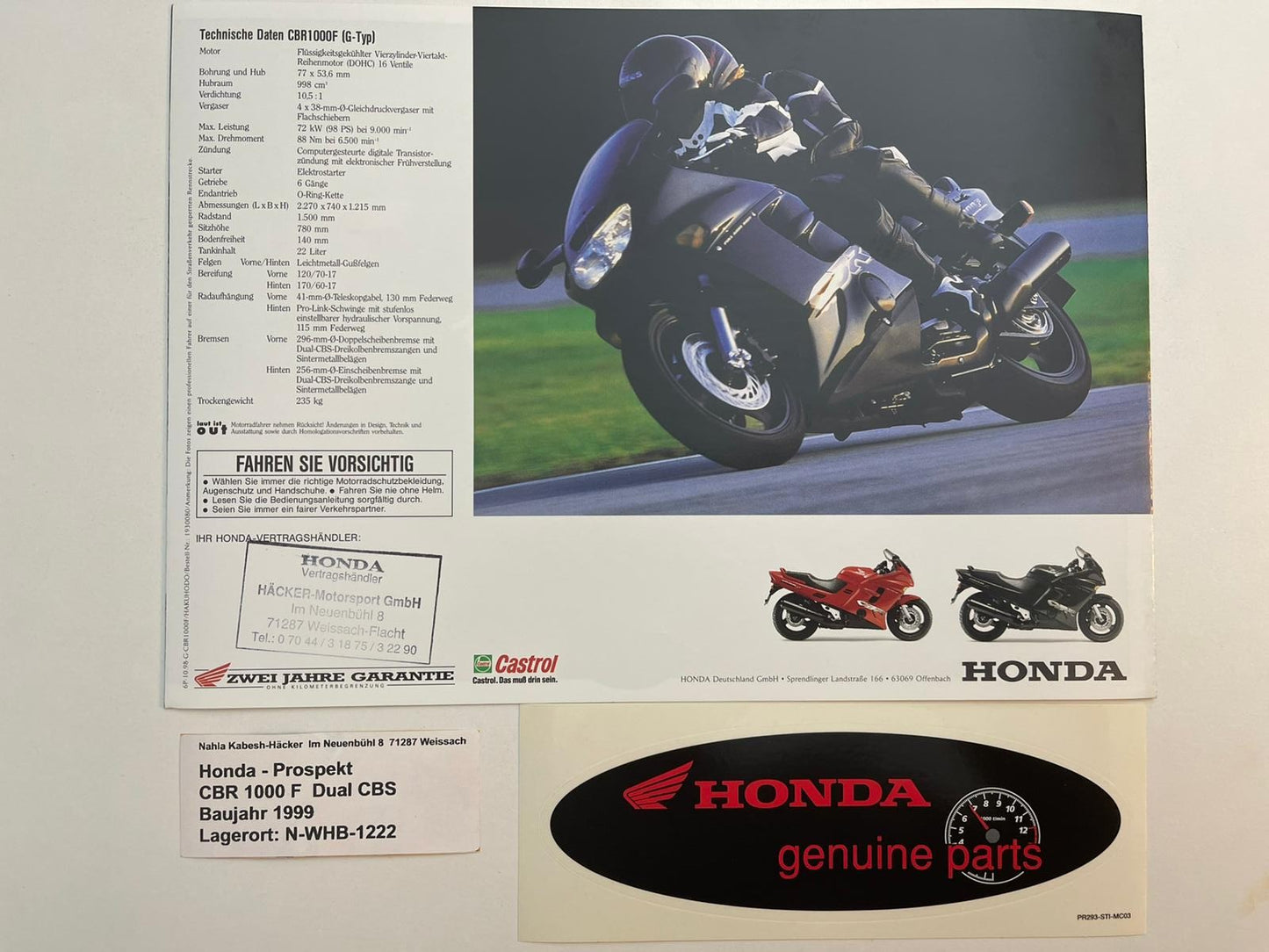 Prospekt Honda CBR1000F Dual CBS Bj. 1999 + Aufkleber
