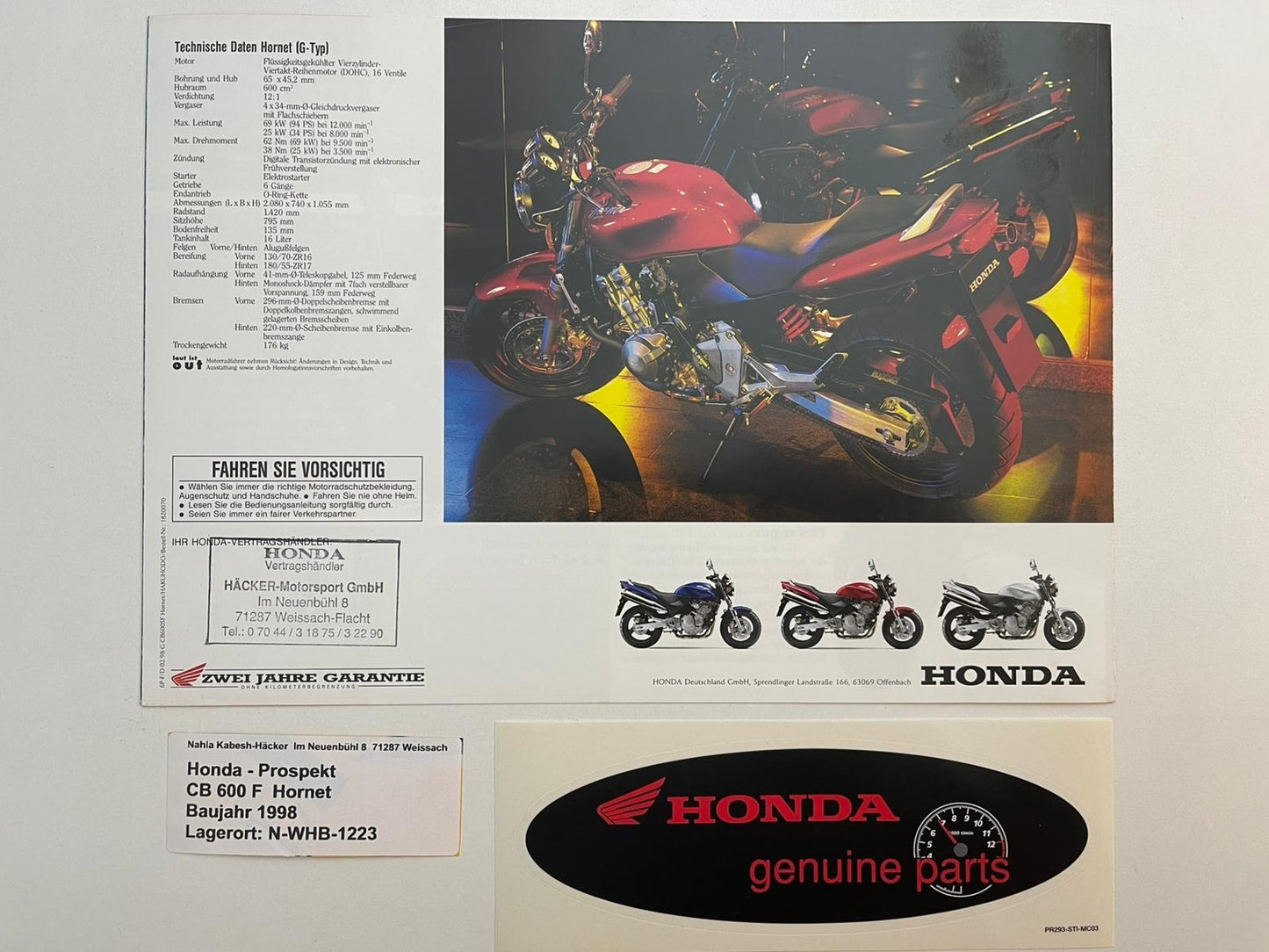 Prospekt Honda CB600F Hornet Bj. 1998 + Aufkleber