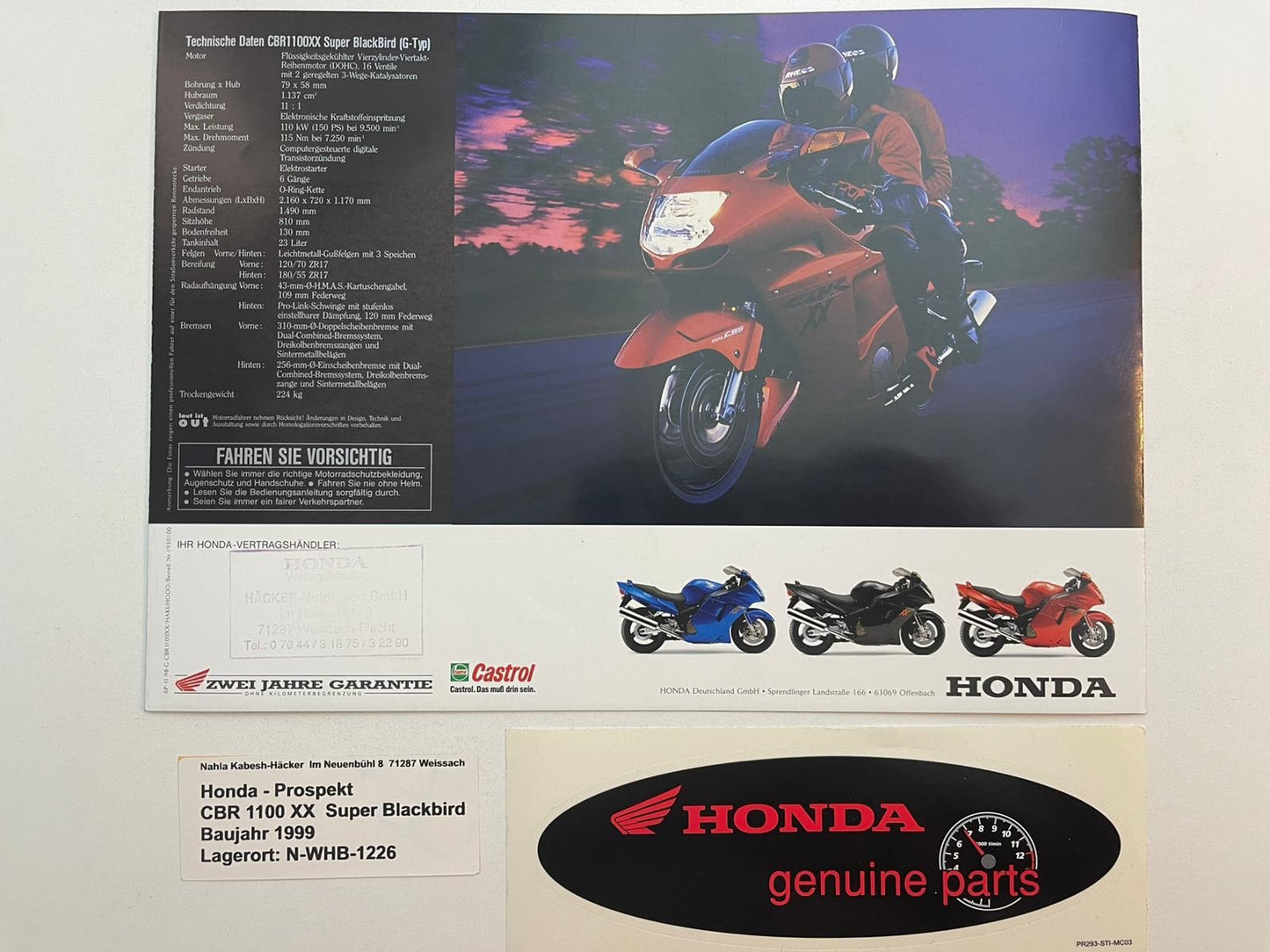 Prospekt Honda CBR1100XX Blackbird Bj. 1999 + Aufkleber