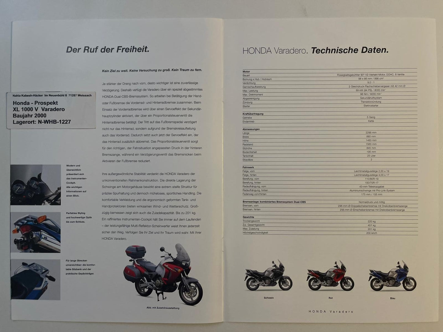 Prospekt Honda XL1000V Varadero Bj. 2000 + Aufkleber