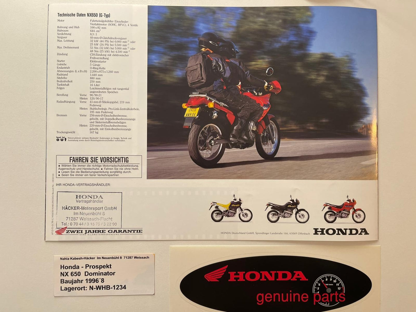 Prospekt Honda NX650 NX 650 Dominator Baujahr 1998 + Aufkleber