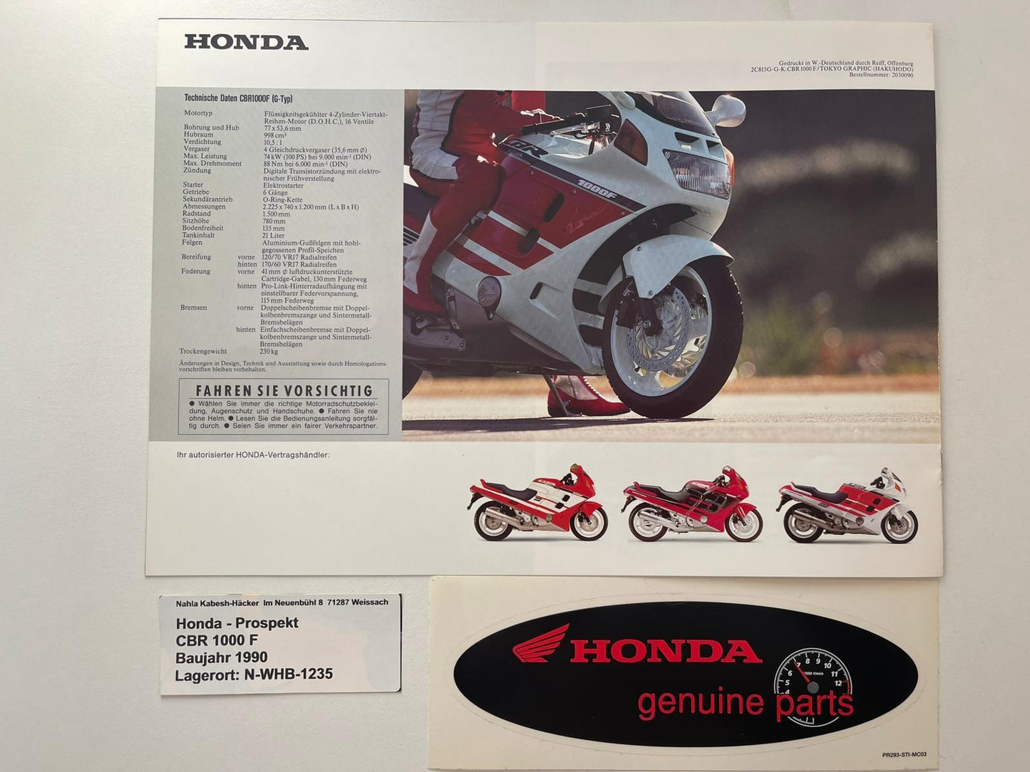 Prospekt Honda CBR1000F CBR 1000 F Baujahr 1990 + Aufkleber