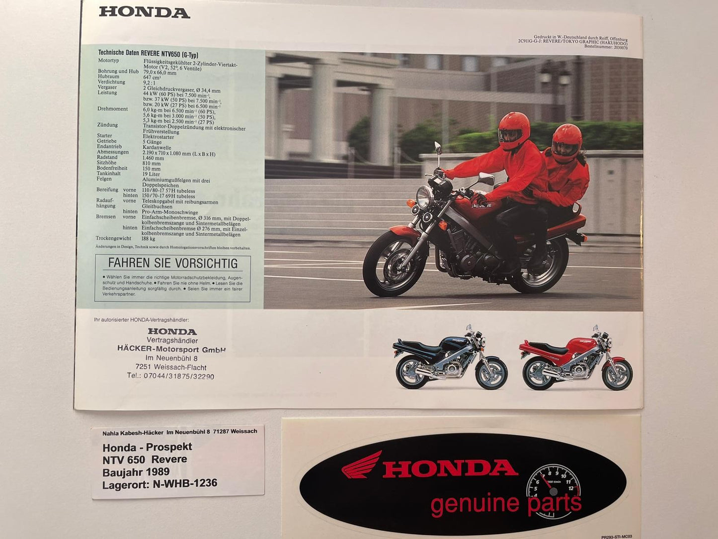 Prospekt Honda NTV650 NTV 650 Revere Baujahr 1989 + Aufkleber