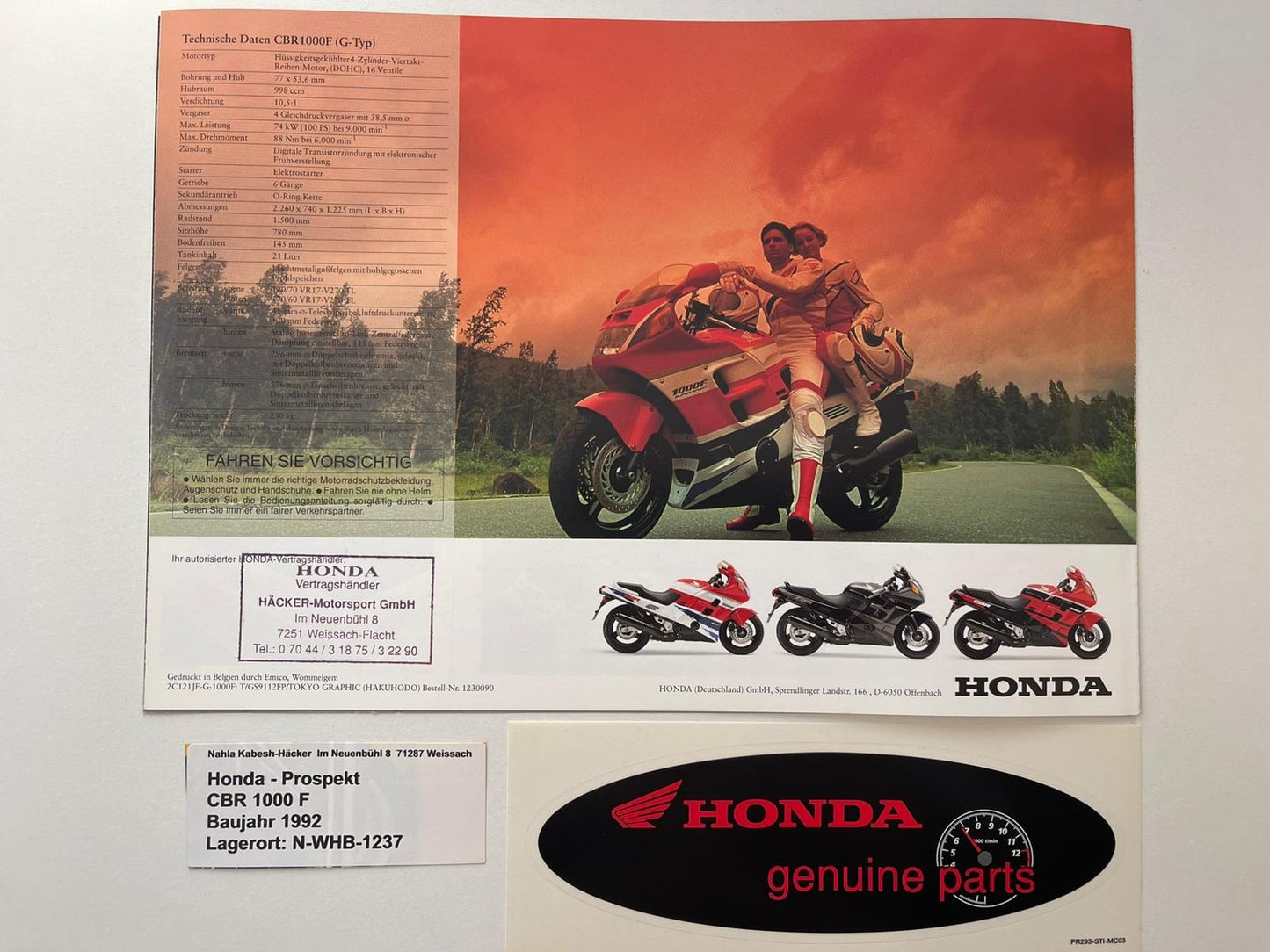 Prospekt Honda CBR1000F CBR 1000 F Baujahr 1992 + Aufkleber