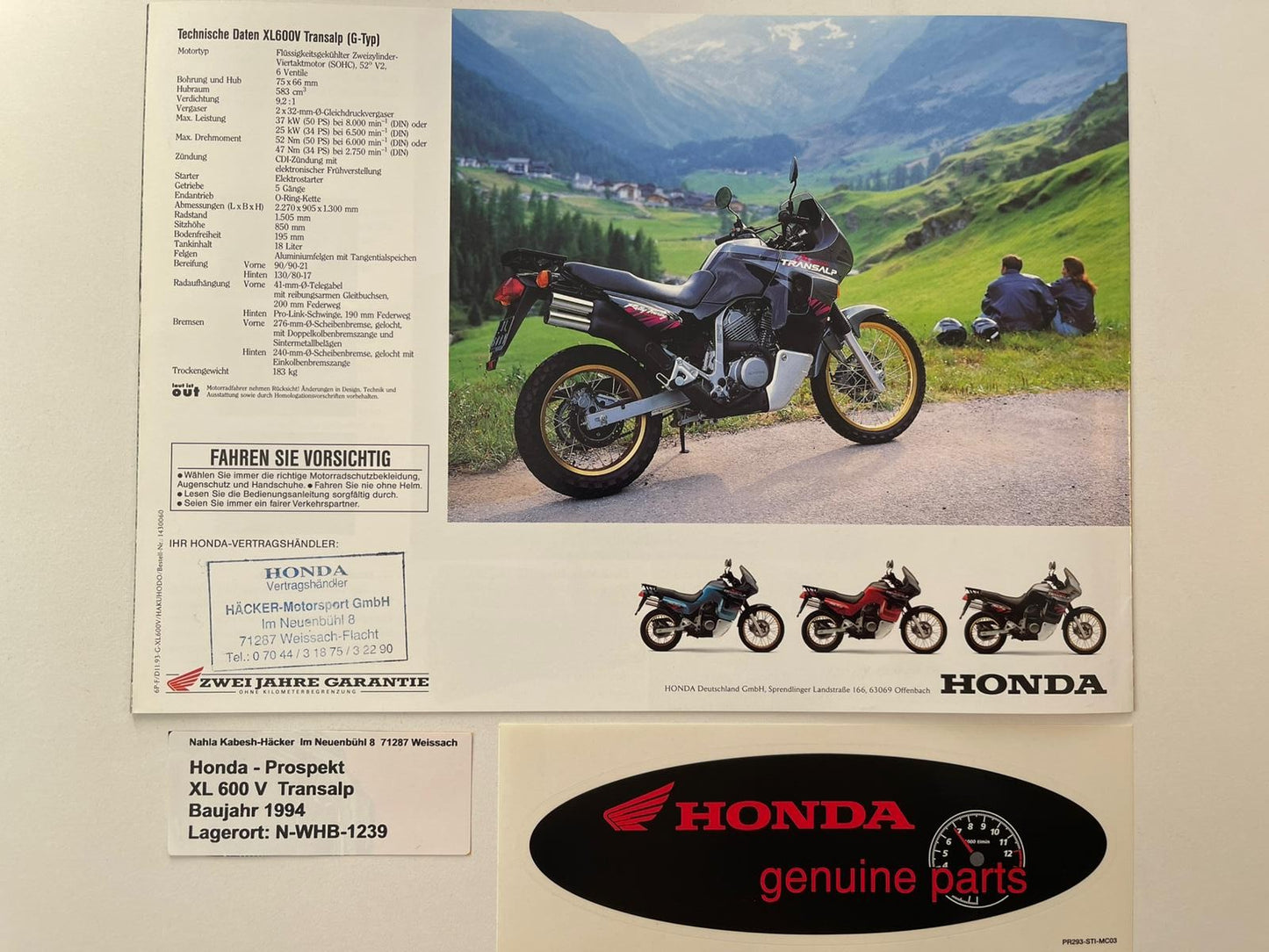 Prospekt Honda XL600V XL 600 V Transalp Baujahr 1994 + Aufkleber