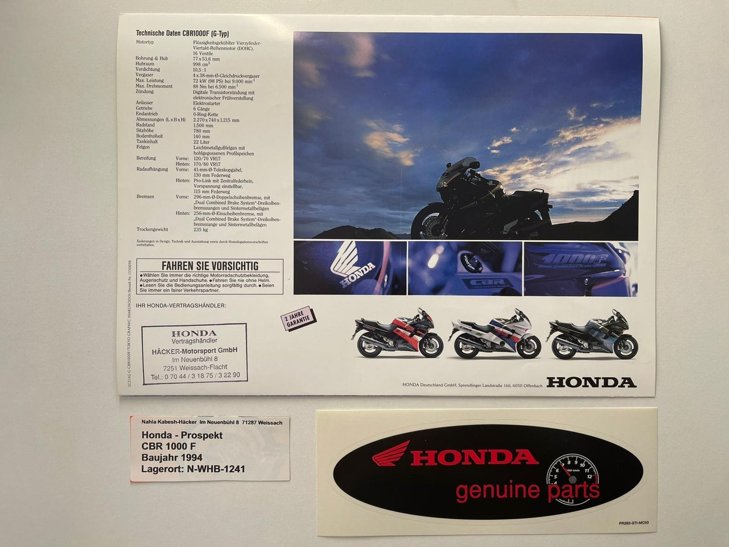 Prospekt Honda CBR1000F CBR 1000 F Baujahr 1994 + Aufkleber