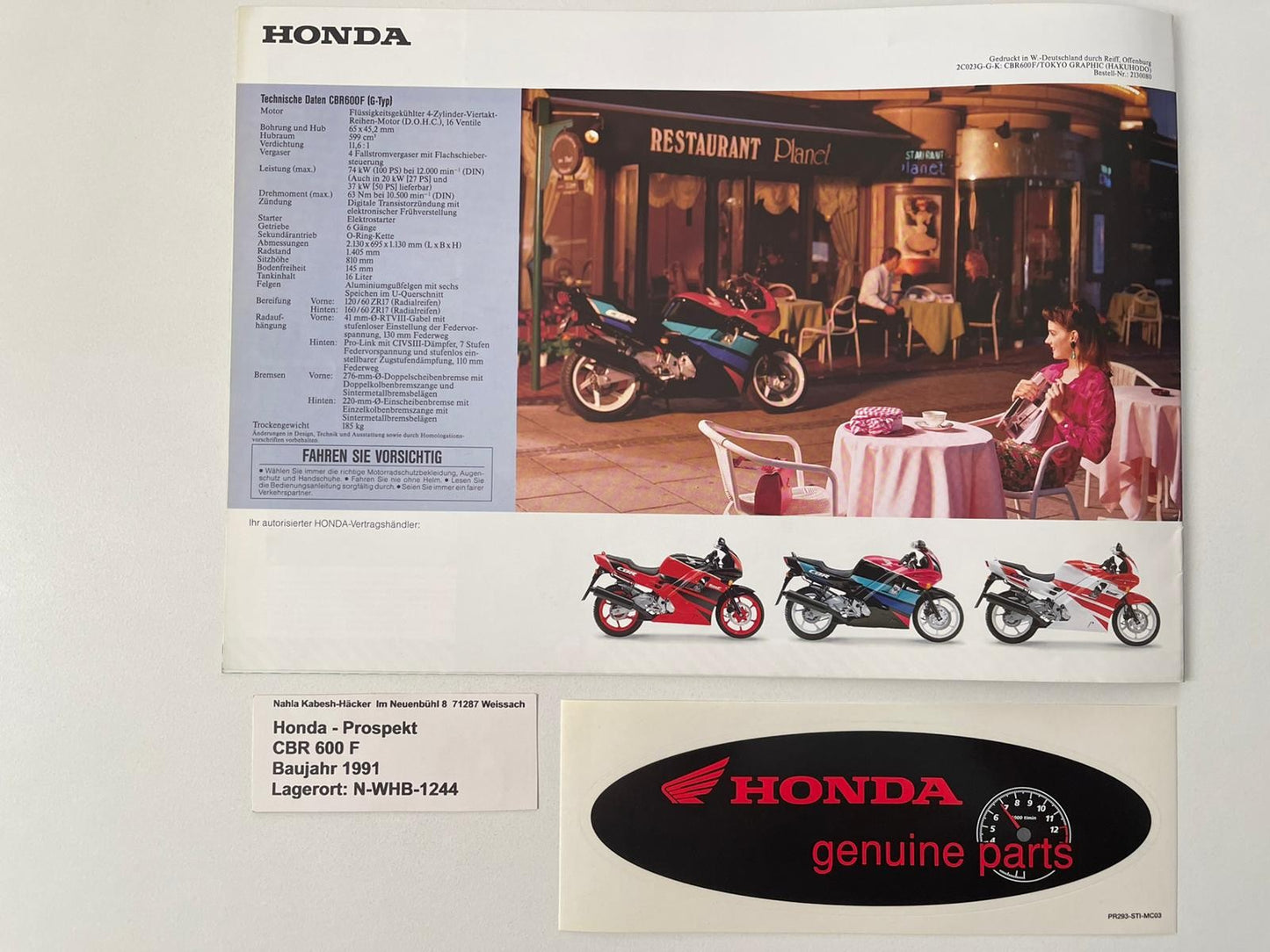 Prospekt Honda CBR600F CBR 600 F Baujahr 1991 + Aufkleber