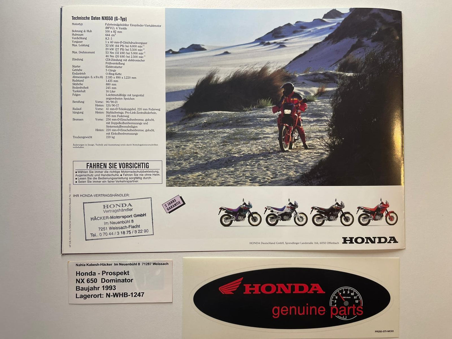 Prospekt Honda NX650 NX 650 Dominator Baujahr 1993 + Aufkleber
