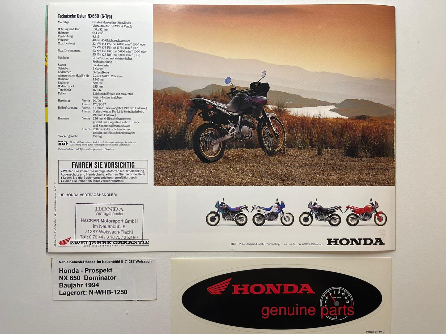 Prospekt Honda NX650 NX 650 Dominator Baujahr 1994 + Aufkleber