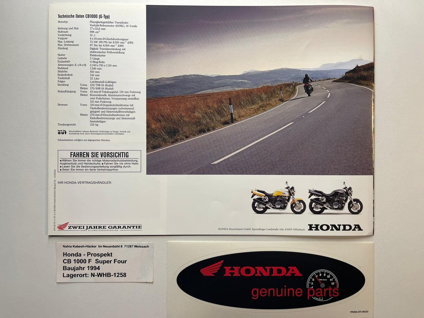 Prospekt Honda CB1000F CB 1000 F Super Four Baujahr 1994 + Aufkleber