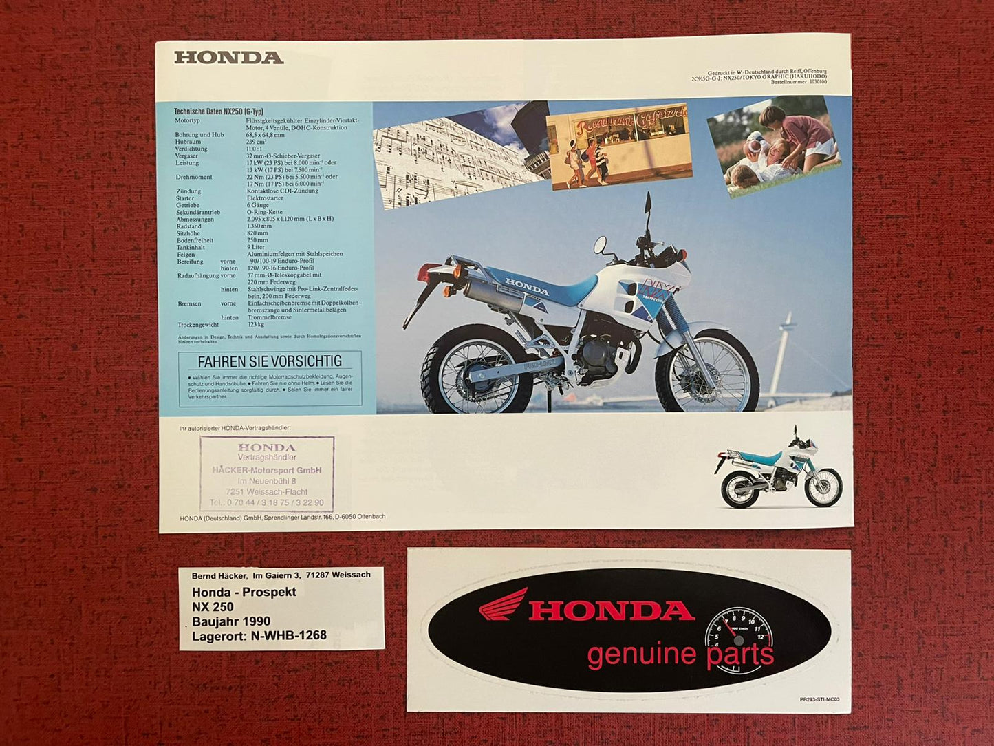 Prospekt Honda NX250 - NX 250 Bj. 1990 + Aufkleber