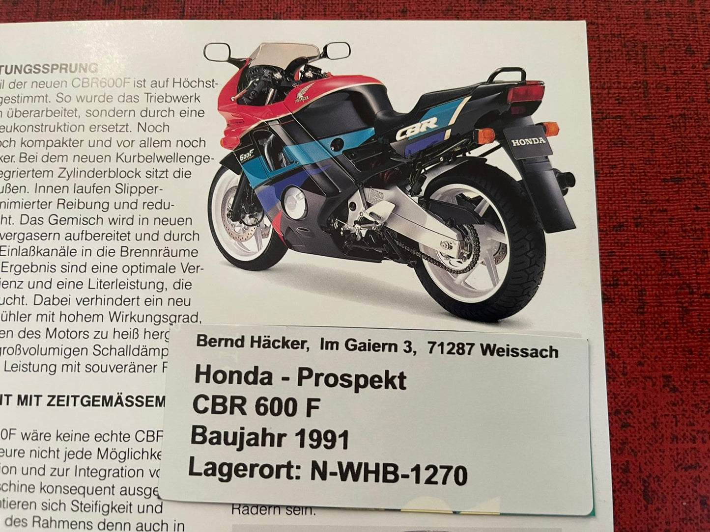 Prospekt Honda CBR600F - CBR 600 F Bj. 1991 + Aufkleber