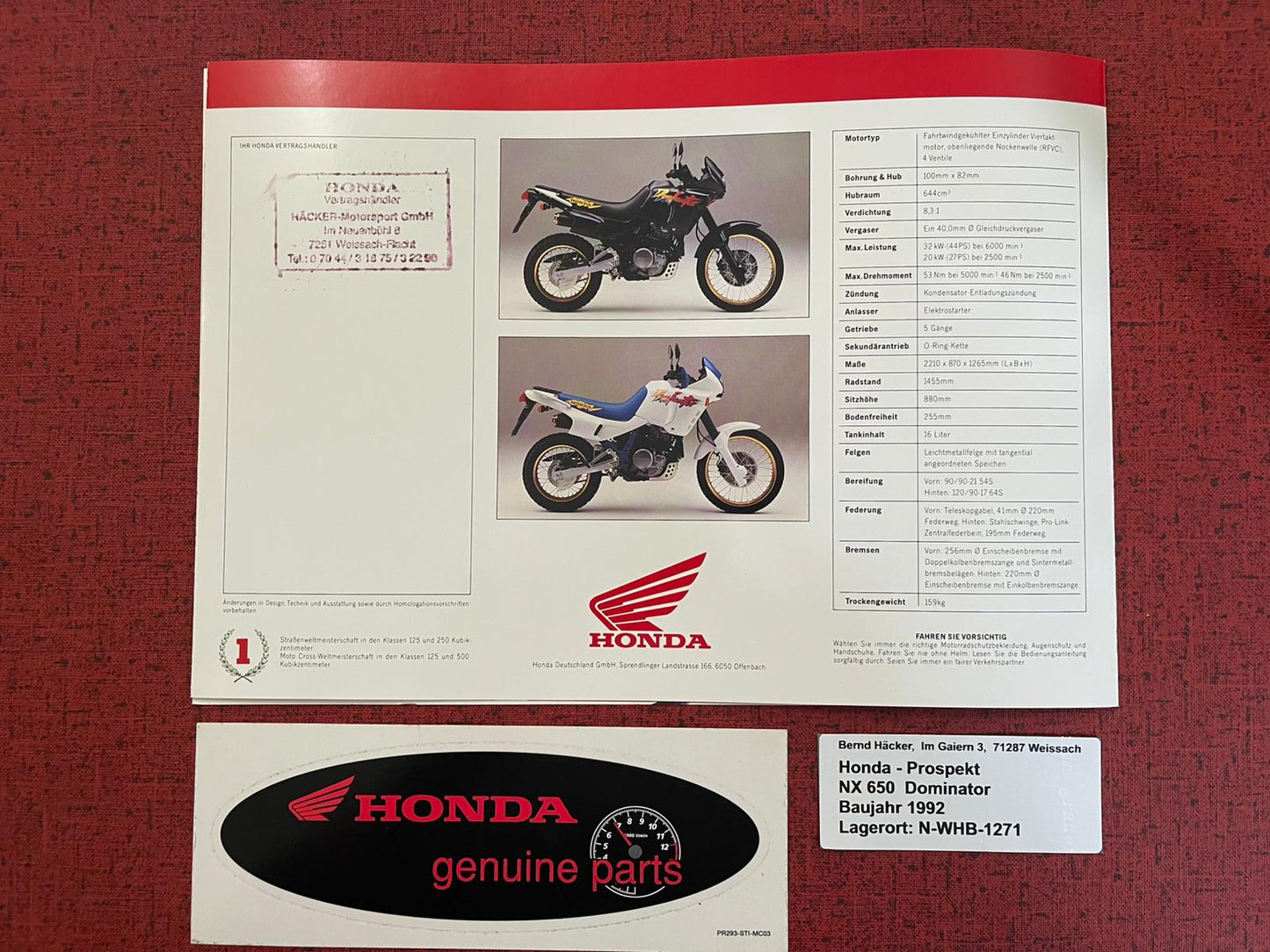 Prospekt Honda NX650 - NX 650 Dominator Bj. 1992 + Aufkleber