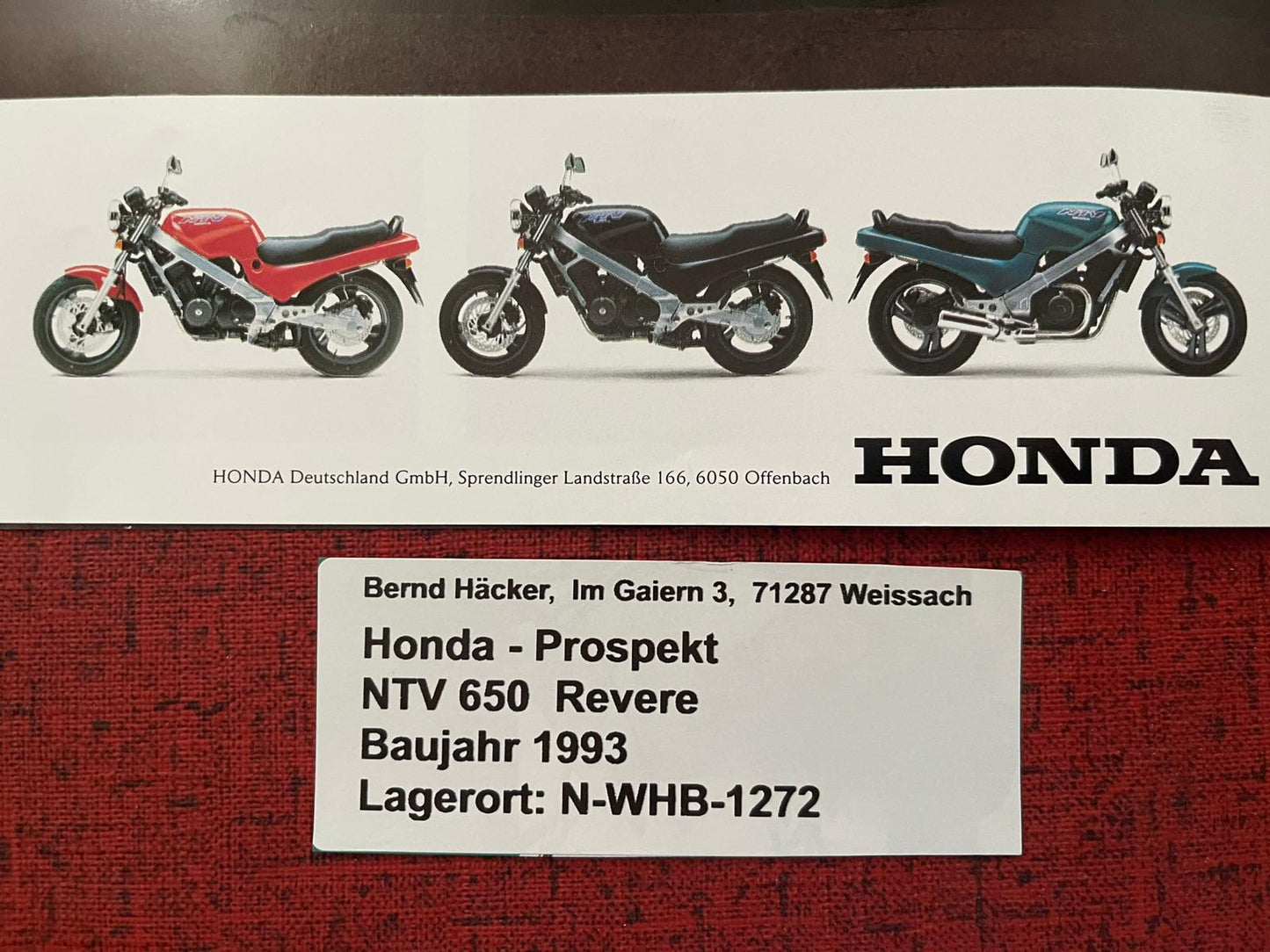 Prospekt Honda NTV650 - NTV 650 Revere Bj. 1993 + Aufkleber
