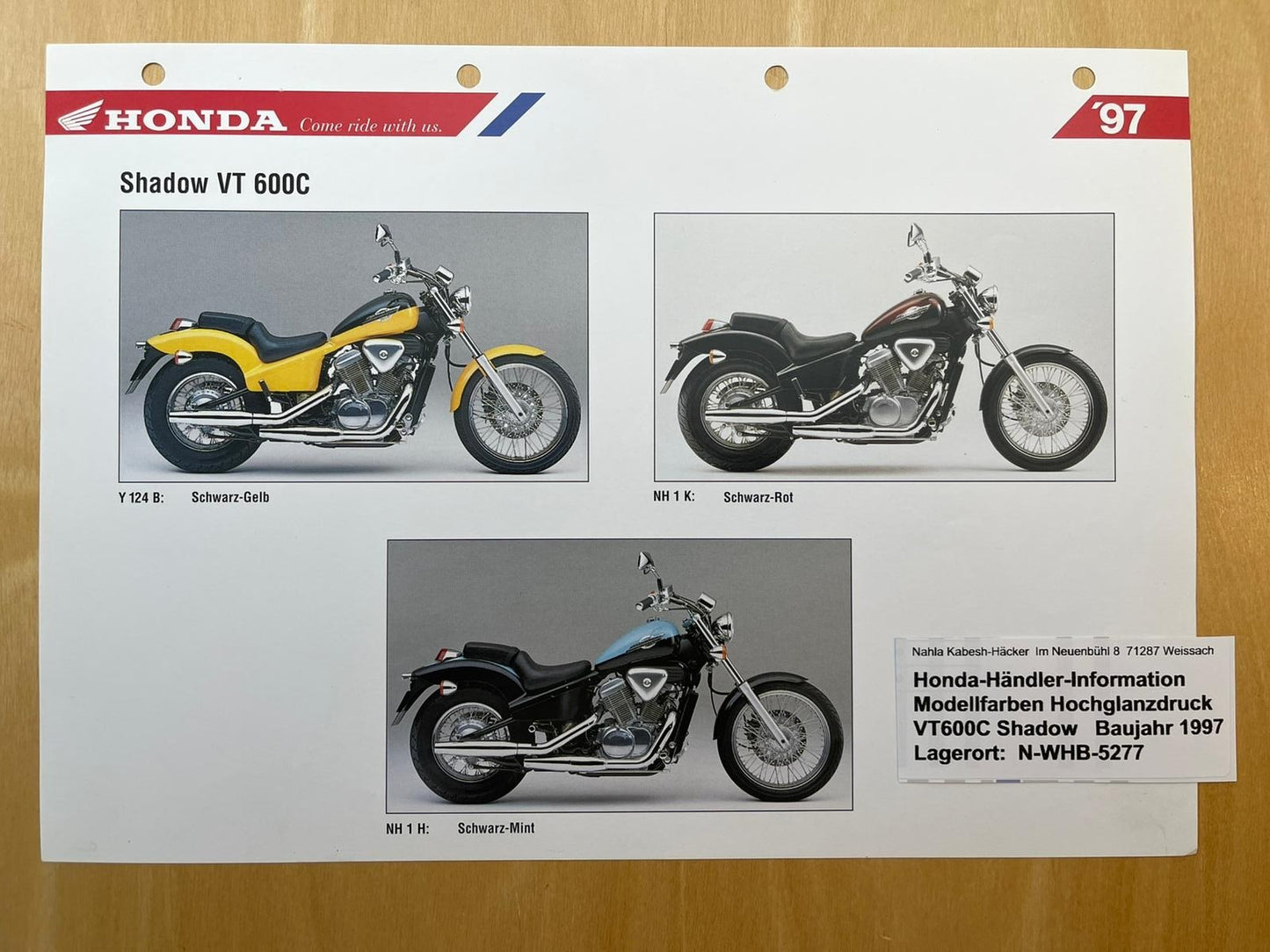 VT600C VT 600 C Shadow Baujahr 1997 - Honda Original Farbchart Prospekt