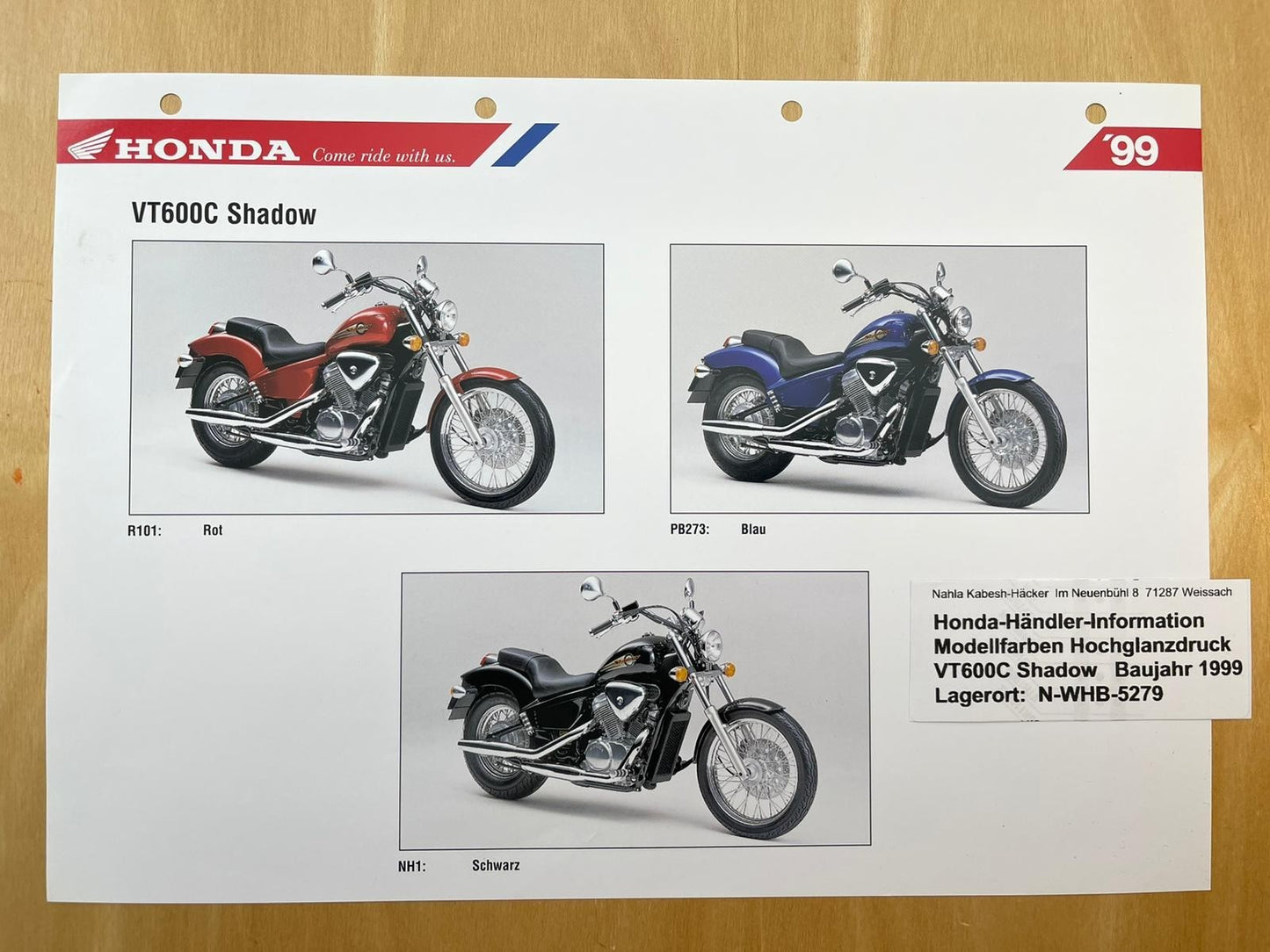 VT600C VT 600 C Shadow Baujahr 1999 - Honda Original Farbchart Prospekt