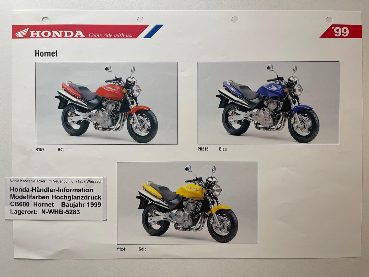 CB600 CB 600 Hornet Baujahr 2000 - Honda Original Farbchart Prospekt