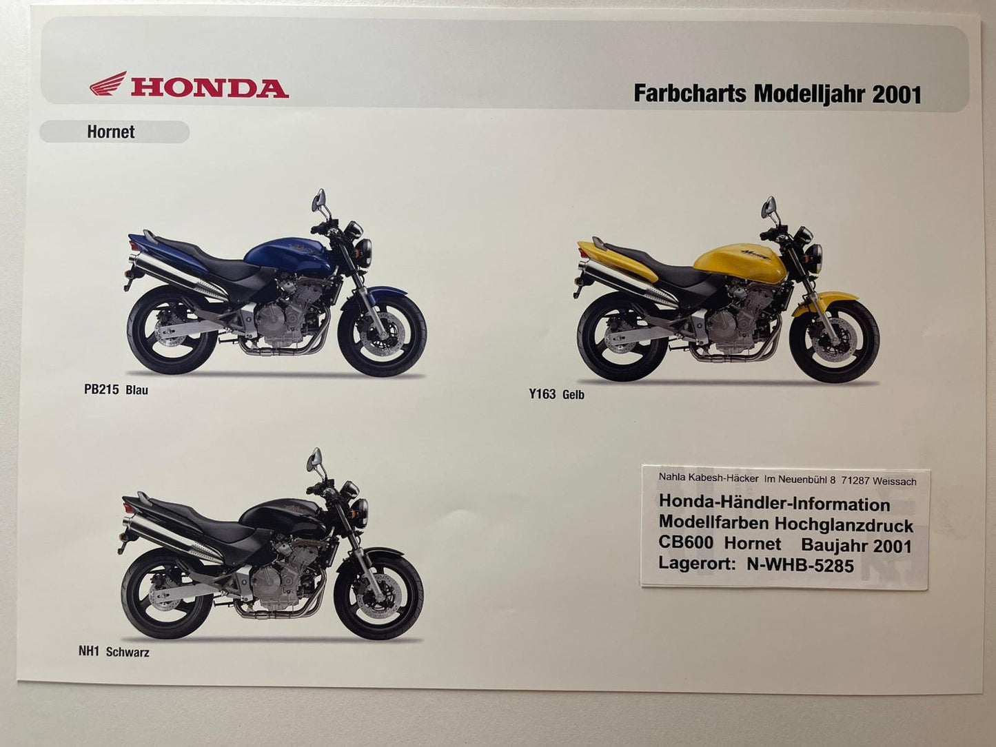 CB600 CB 600 Hornet Baujahr 2001 - Honda Original Farbchart Prospekt