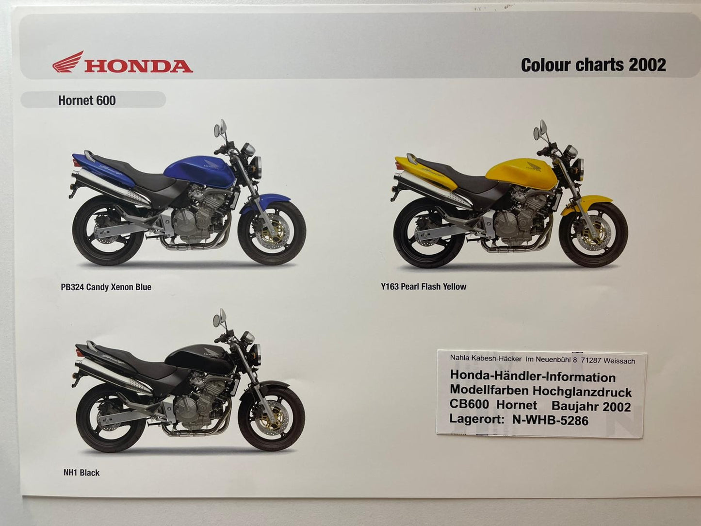CB600 CB 600 Hornet Baujahr 2002 - Honda Original Farbchart Prospekt