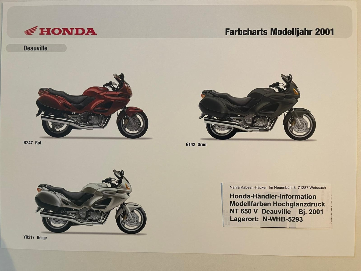 NT650V NT 650 V Deauville Baujahr 2001 - Honda Original Farbchart Prospekt