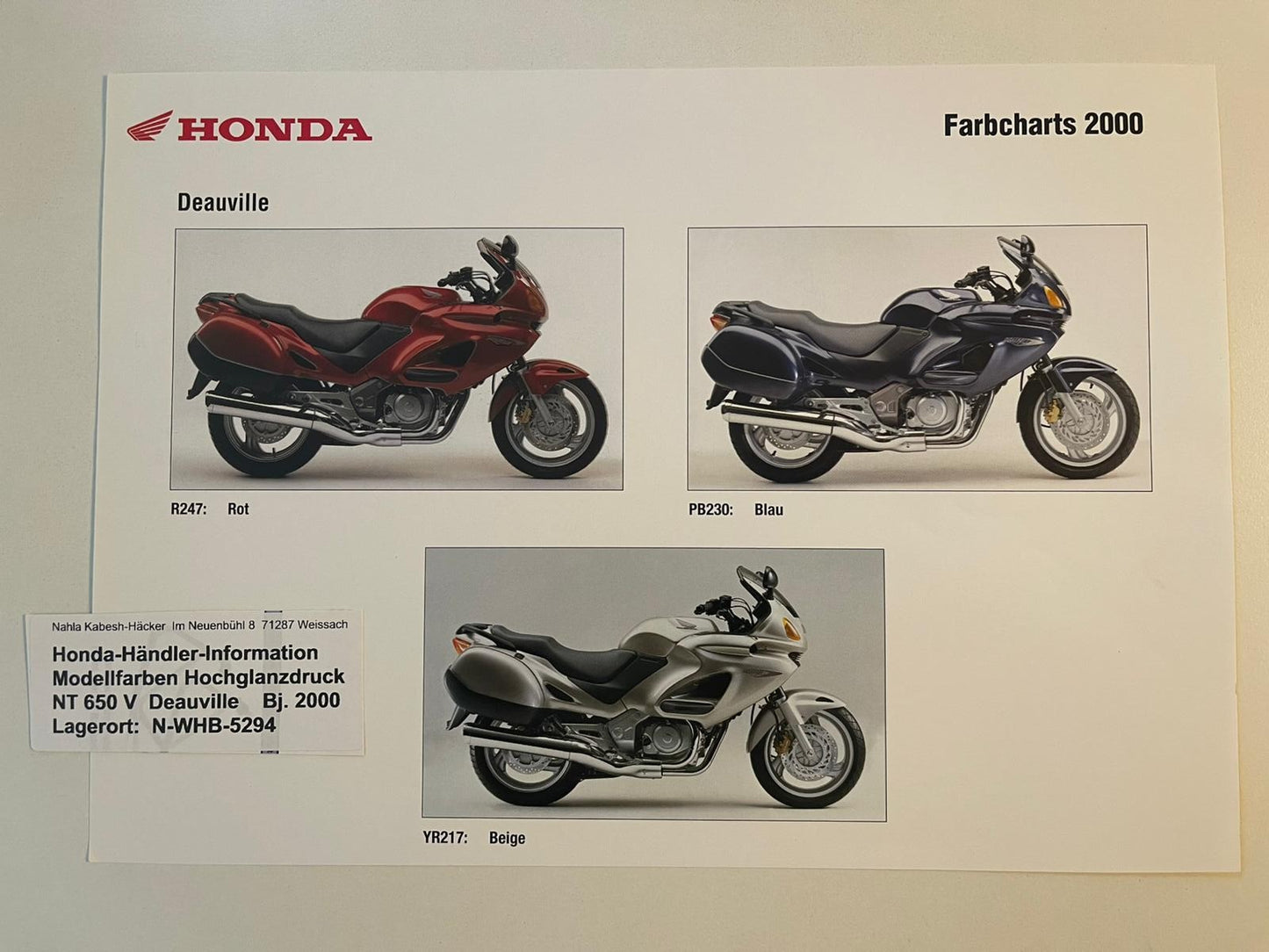 NT650V NT 650 V Deauville Baujahr 2000 - Honda Original Farbchart Prospekt