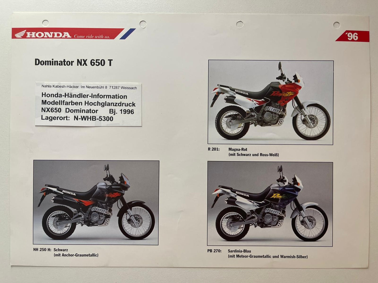 NX650 NX 650 Dominator Baujahr 1996 - Honda Original Farbchart Prospekt