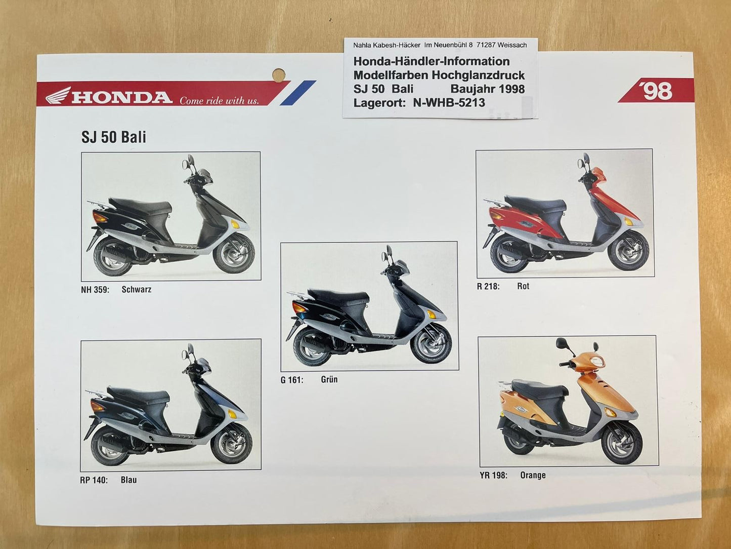 SJ50 SJ 50 Bali Baujahr 1998 - Honda Original Farbchart Prospekt