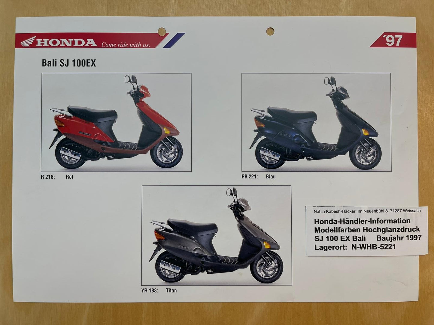 SJ100 SJ 100 EX Bali Baujahr 1997 - Honda Original Farbchart Prospekt